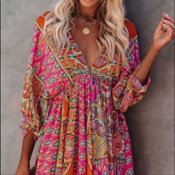 Bright Boho Babydoll Mini Dress - Picture 2 of 9